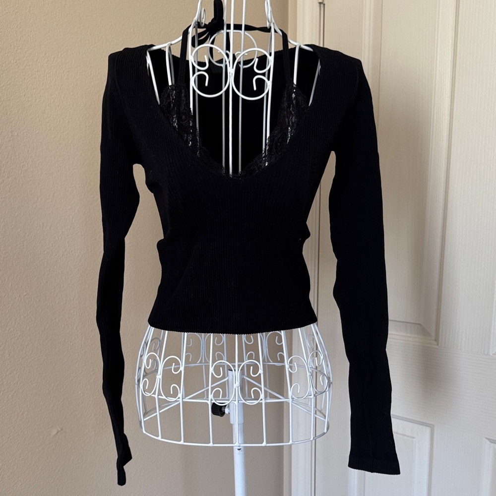 BDG Black Long Sleeve V-Neck Top with lace twofer